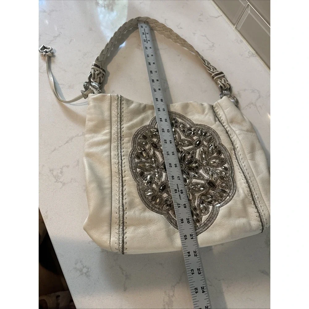Brighton Pewter Anju Embellished Purse Jewel Masterpiece White‎ Leather Bag Hobo